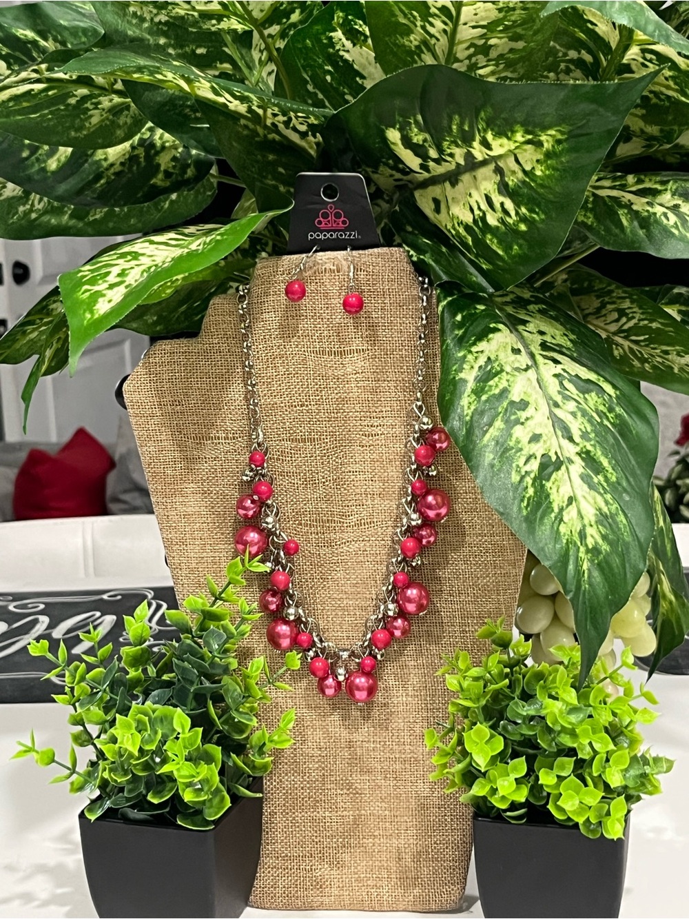 paparazzi Hot Pink Pearl Cluster Necklace and Earrings